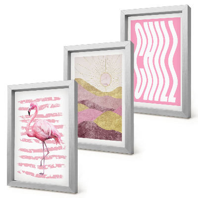 Dekoracja ścienna zestaw obrazów Różowy flamingi pastelowy górski pejzaż napis Chill