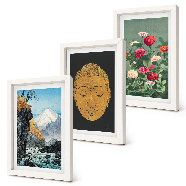 Zestaw 3 obrazów w ramie Japońska natura i kultura styl japandi