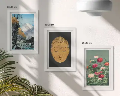 Zestaw 3 obrazów w ramie z motywem japońskiej natury i kultury w stylu japandi