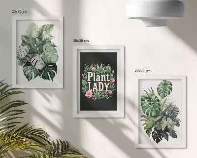 Dekoracja ścienna zestaw obrazów Rośliny tropikalne z napisem Plant Lady w zieleni
