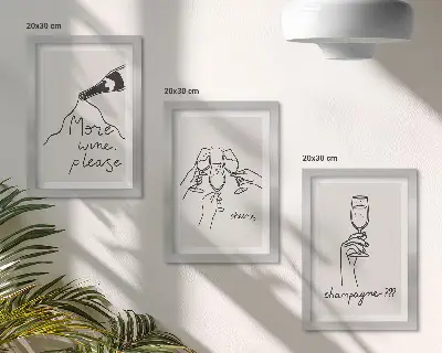 Radosne chwile z winem i szampanem line-art zestaw 3 obrazów w ramie