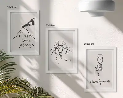 Radosne chwile z winem i szampanem line-art zestaw 3 obrazów w ramie