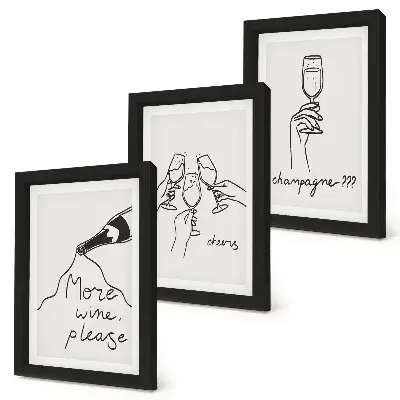 Radosne chwile z winem i szampanem line-art zestaw 3 obrazów w ramie