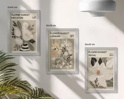Tryptyk w ramie Kwiaty w stylu retro z różnych miast świata