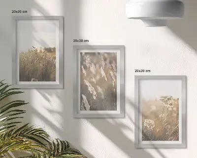 Zestaw 3 obrazów w ramie Krajobraz z trawami i kwiatami w ciepłych odcieniach