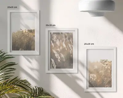Zestaw 3 obrazów w ramie Krajobraz z trawami i kwiatami w ciepłych odcieniach