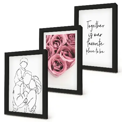 Zestaw obrazów ściennych z motywem lineart rodziny i bukietów róż z napisem do domu