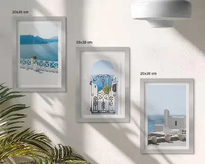Zestaw 3 obrazów w ramie widoki na greckie morze z białymi budynkami