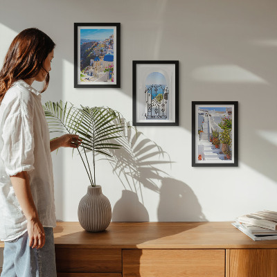 Tryptyk w ramie Widoki na Santorini Grecka architektura miasta Oia