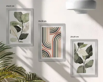 Zestaw 3 obrazów w ramie Roślinne motywy z geometrycznymi wzorami w odcieniach zieleni