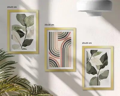 Zestaw 3 obrazów w ramie Roślinne motywy z geometrycznymi wzorami w odcieniach zieleni