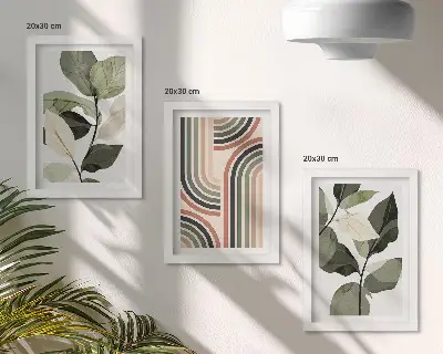 Zestaw 3 obrazów w ramie Roślinne motywy z geometrycznymi wzorami w odcieniach zieleni