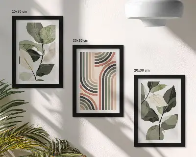 Zestaw 3 obrazów w ramie Roślinne motywy z geometrycznymi wzorami w odcieniach zieleni