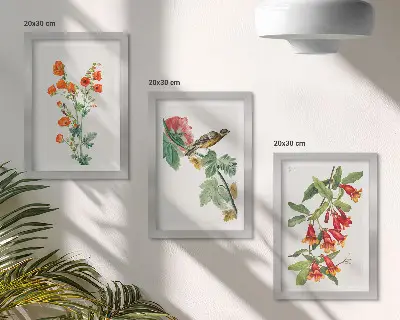 Dekoracja ścienna zestaw obrazów Malowane kwiaty retro i ptak na gałęzi