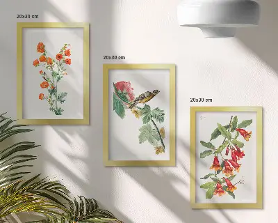 Dekoracja ścienna zestaw obrazów Malowane kwiaty retro i ptak na gałęzi