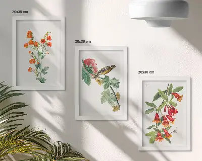 Dekoracja ścienna zestaw obrazów Malowane kwiaty retro i ptak na gałęzi