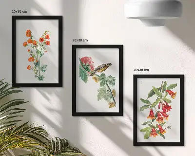 Dekoracja ścienna zestaw obrazów Malowane kwiaty retro i ptak na gałęzi