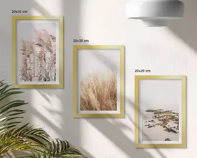 Pola traw pampasowych i nadmorska plaża w stylu boho tryptyk w ramie