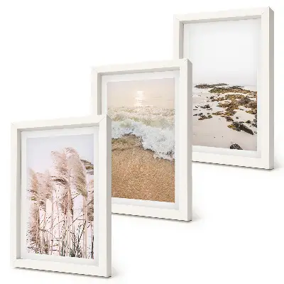Dekoracja ścienna zestaw obrazów z plażowymi trawami, falami i kamieniami nadmorskimi w stylu boho