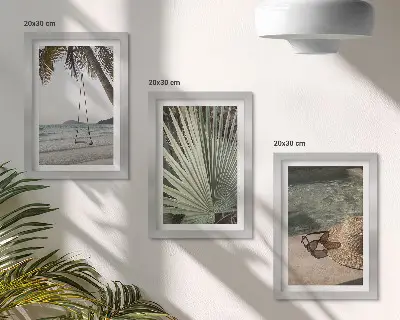 Zestaw obrazów dekoracyjnych plaża z huśtawką i liściem palmy w wakacyjnym stylu
