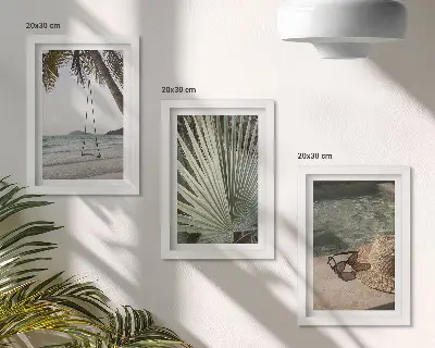 Zestaw obrazów dekoracyjnych plaża z huśtawką i liściem palmy w wakacyjnym stylu