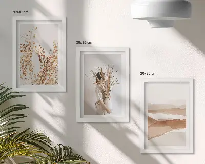 Tryptyk w ramie z abstrakcyjnymi roślinnymi motywami w stylu rustykalnym boho