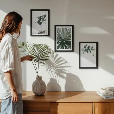 Zielone rośliny w minimalistycznym stylu zestaw 3 obrazów w ramie