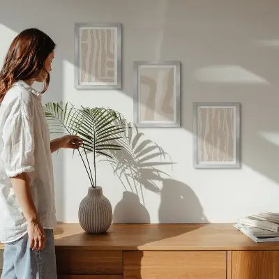 Tryptyk w ramie abstrakcyjne wzory z minimalistycznymi kształtami w stylu boho