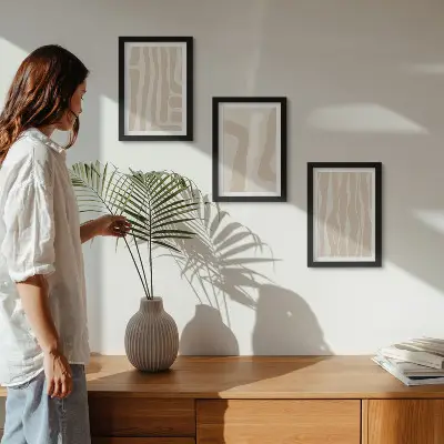 Tryptyk w ramie abstrakcyjne wzory z minimalistycznymi kształtami w stylu boho