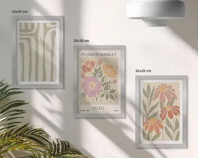 Zestaw 3 obrazów w ramie z motywami botanicznymi w stylu minimalistycznym