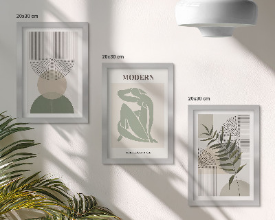 Zestaw 3 obrazów w ramie Stylowe grafiki z abstrakcyjnymi kształtami i roślinami