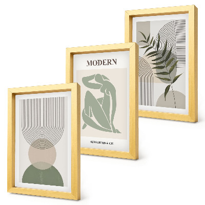 Zestaw 3 obrazów w ramie Stylowe grafiki z abstrakcyjnymi kształtami i roślinami