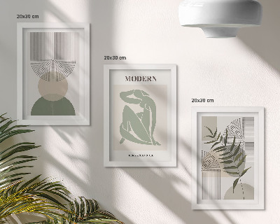 Zestaw 3 obrazów w ramie Stylowe grafiki z abstrakcyjnymi kształtami i roślinami
