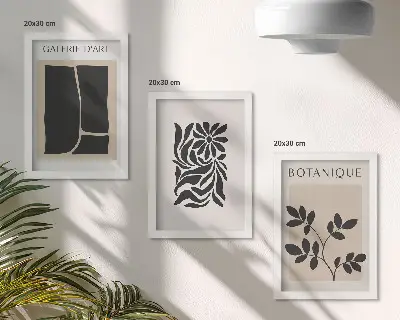 Tryptyk w ramie Abstrakcyjne wzory roślinne i geometryczne kształty tryptyk w ramie z abstrakcyjnymi wzorami roślinnymi i geometrycznymi kształtami