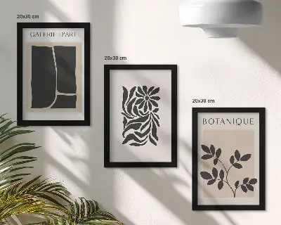 Tryptyk w ramie Abstrakcyjne wzory roślinne i geometryczne kształty tryptyk w ramie z abstrakcyjnymi wzorami roślinnymi i geometrycznymi kształtami