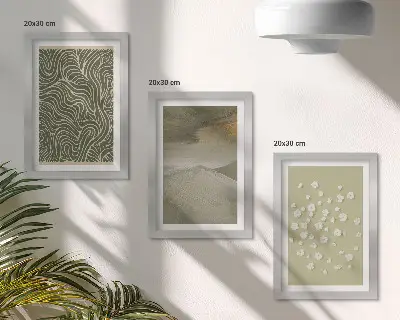 Zestaw 3 obrazów w ramie z motywem falistych i abstrakcyjnych wzorów z kwiatami boho