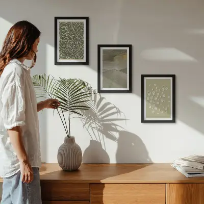 Zestaw 3 obrazów w ramie z motywem falistych i abstrakcyjnych wzorów z kwiatami boho