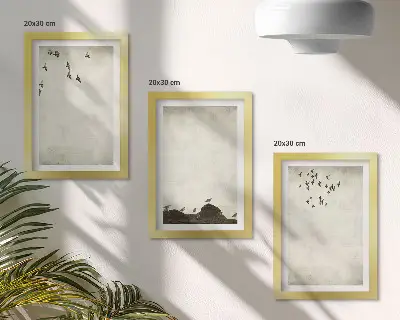 Lecące stado ptaków w stylu minimalistycznym tryptyk w ramie