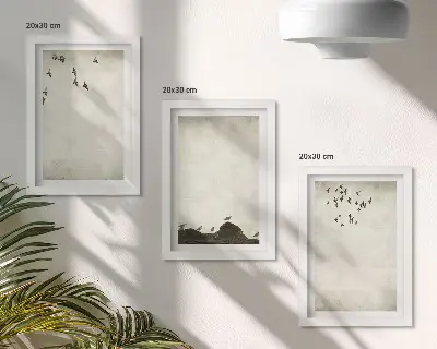Lecące stado ptaków w stylu minimalistycznym tryptyk w ramie
