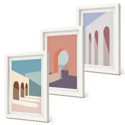 Pastelowe minimalistyczne grafiki architektury miejskiej tryptyk w ramie