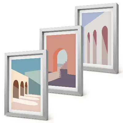 Pastelowe minimalistyczne grafiki architektury miejskiej tryptyk w ramie