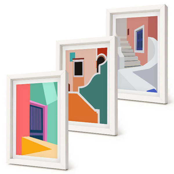 Zestaw 3 obrazów w ramie Kolorowe ilustracje budynków w stylu nowoczesnym
