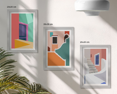 Zestaw 3 obrazów w ramie Kolorowe ilustracje budynków w stylu nowoczesnym