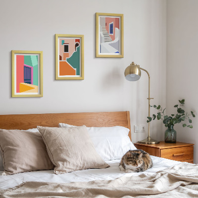 Zestaw 3 obrazów w ramie Kolorowe ilustracje budynków w stylu nowoczesnym