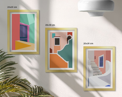 Zestaw 3 obrazów w ramie Kolorowe ilustracje budynków w stylu nowoczesnym
