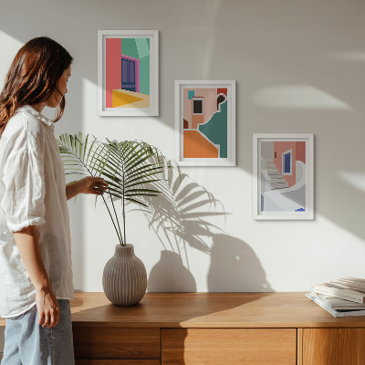 Zestaw 3 obrazów w ramie Kolorowe ilustracje budynków w stylu nowoczesnym