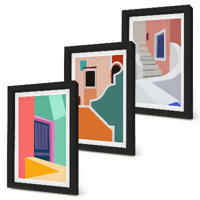 Zestaw 3 obrazów w ramie Kolorowe ilustracje budynków w stylu nowoczesnym