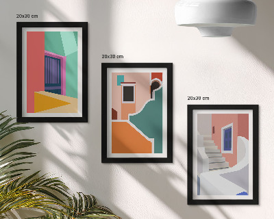 Zestaw 3 obrazów w ramie Kolorowe ilustracje budynków w stylu nowoczesnym