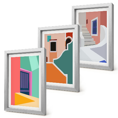 Zestaw 3 obrazów w ramie Kolorowe ilustracje budynków w stylu nowoczesnym