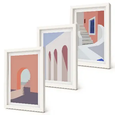 Tryptyk z ilustracjami architektury miejskiej w stylu minimalistycznym oprawiony w ramy